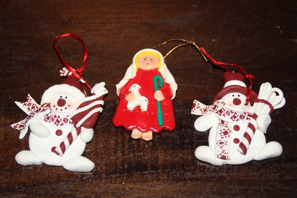 sneeuwpop en herder ornamenten 3x, Diversen, Kerst, Ophalen of Verzenden, Gebruikt