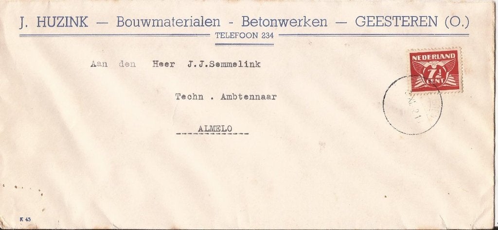 GEESTEREN 1921 J. HUZINK Bouwmaterialen Betonwerken, Ophalen of Verzenden, 1920 tot 1940, Gelopen, Overijssel