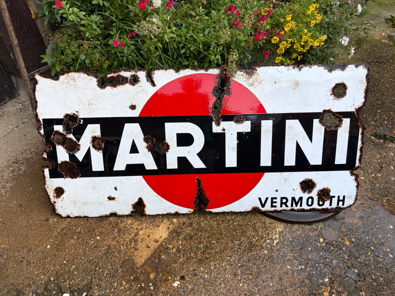 Emaille martini vermouth reclamebord met patina, Verzamelen, Ophalen, Gebruikt, Reclamebord