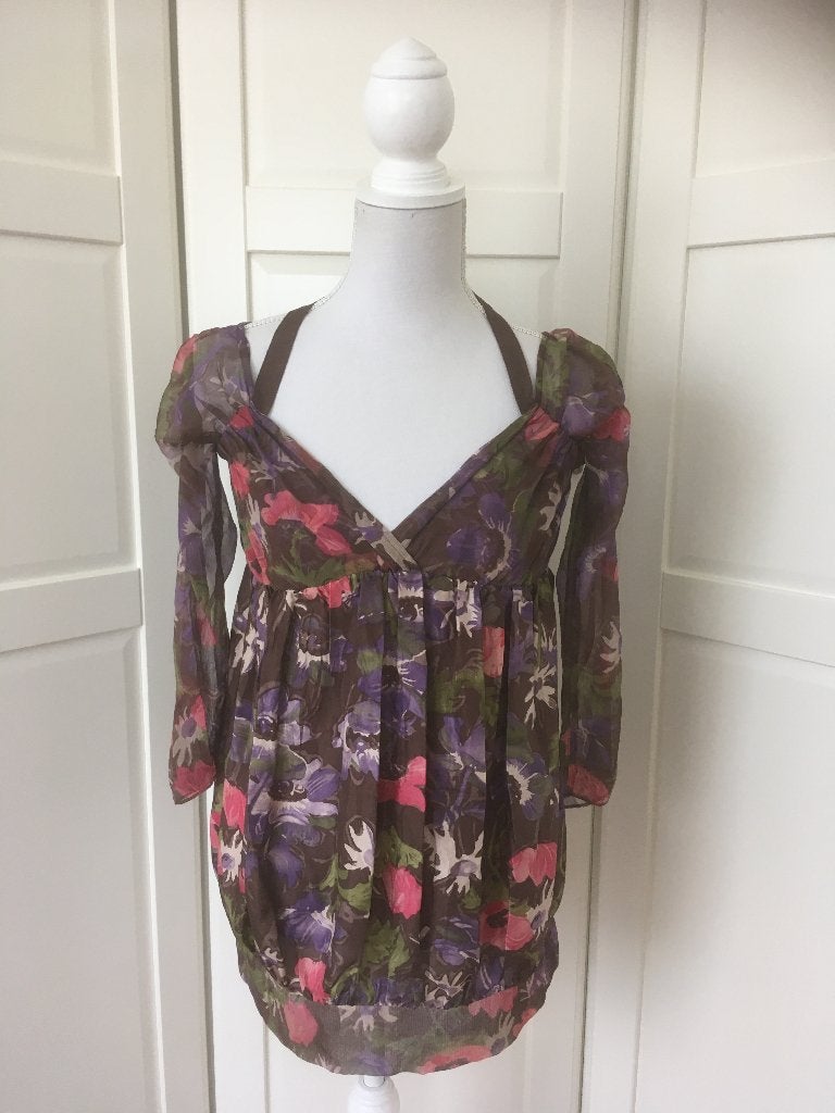 Stefanel bruine zuiver zijde floral anemonen blouse, maat S, Bruin, Ophalen of Verzenden, Maat 36 (S), Stefanel