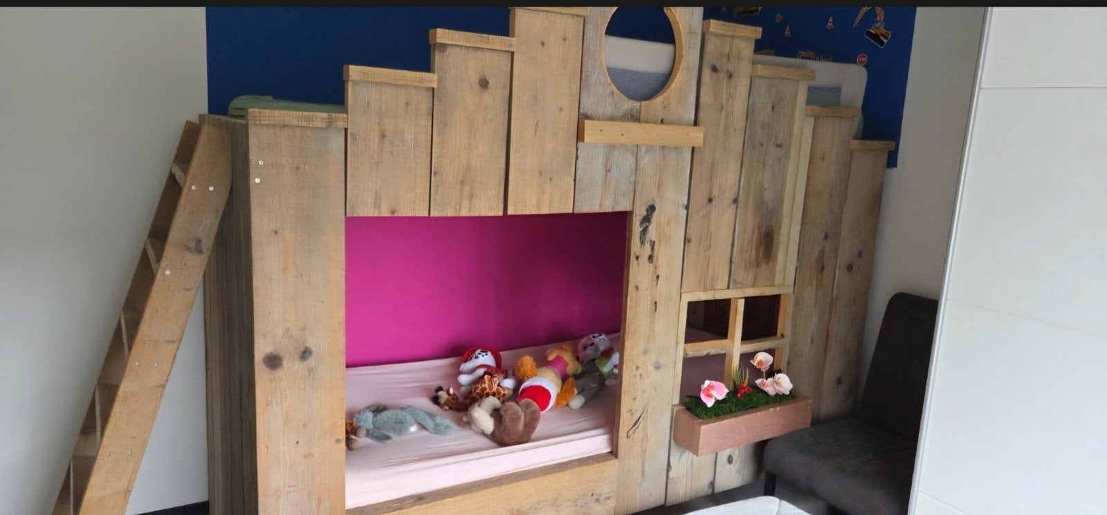 Uniek handgemaakt houten hoogslaper/stapelbed, Ophalen, 85 tot 100 cm, Gebruikt, Hoogslaper of Stapelbed