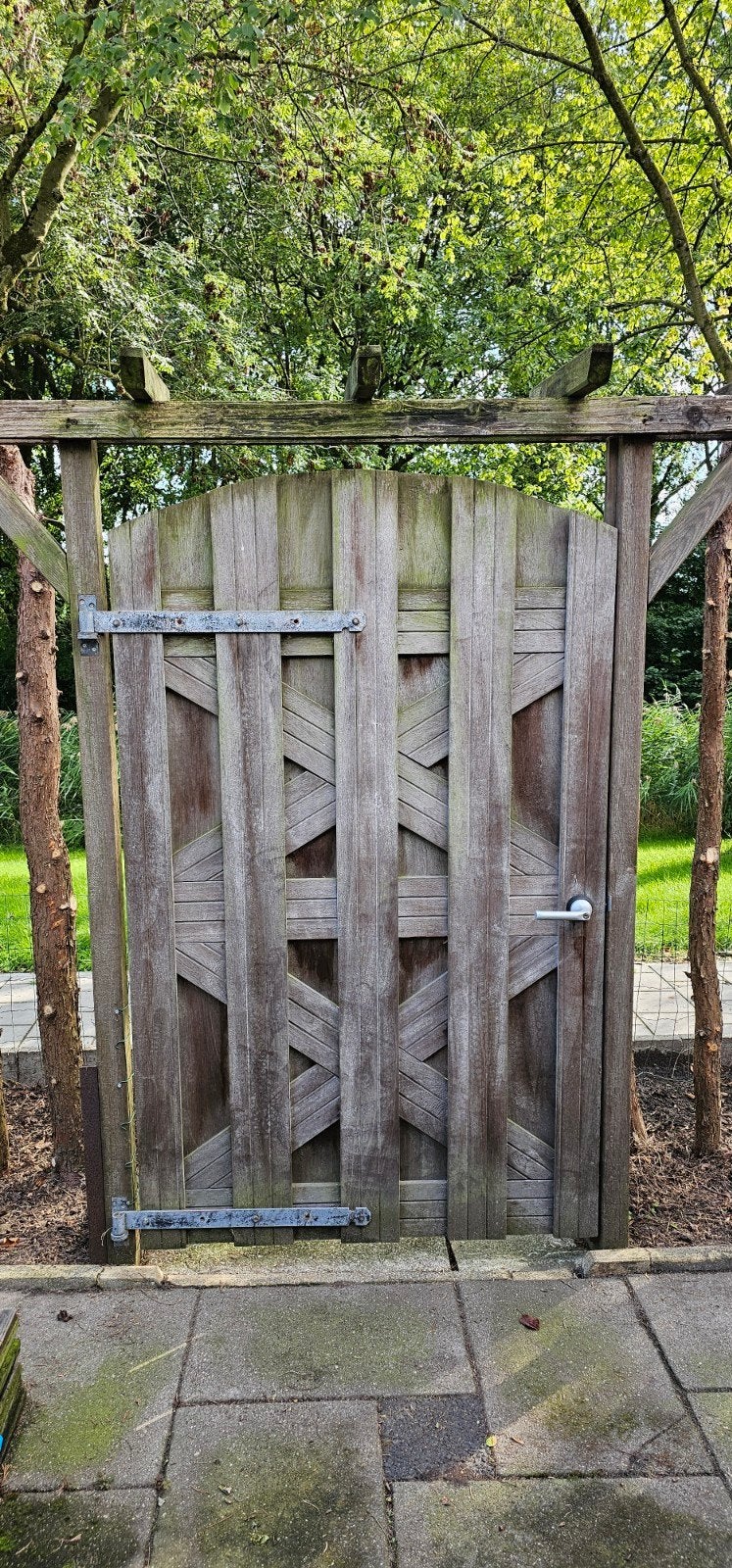 Houten poort met dubbele kruisverband en slot, Gebruikt, Overige typen, 200 tot 215 cm, Hout