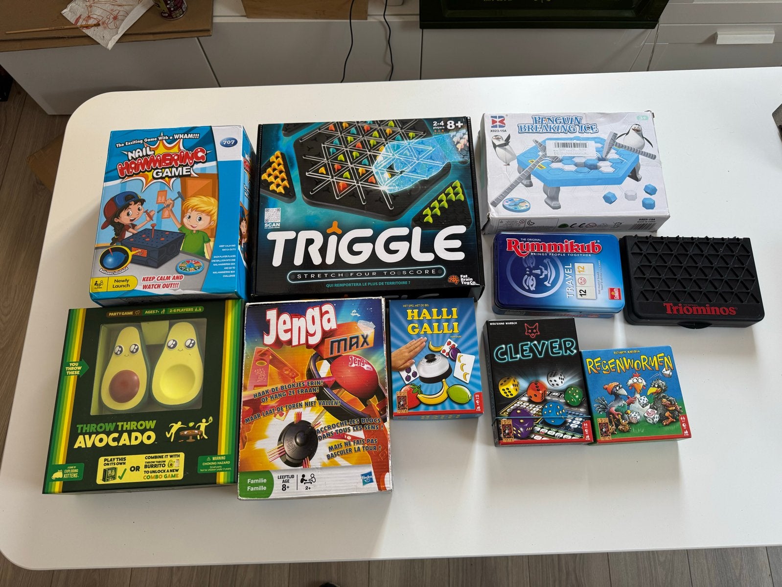 Spellenbundel – o.a. Triggle, Jenga, Halli Galli, Clever, Drie of vier spelers, Ophalen of Verzenden, Gebruikt, Reisspel