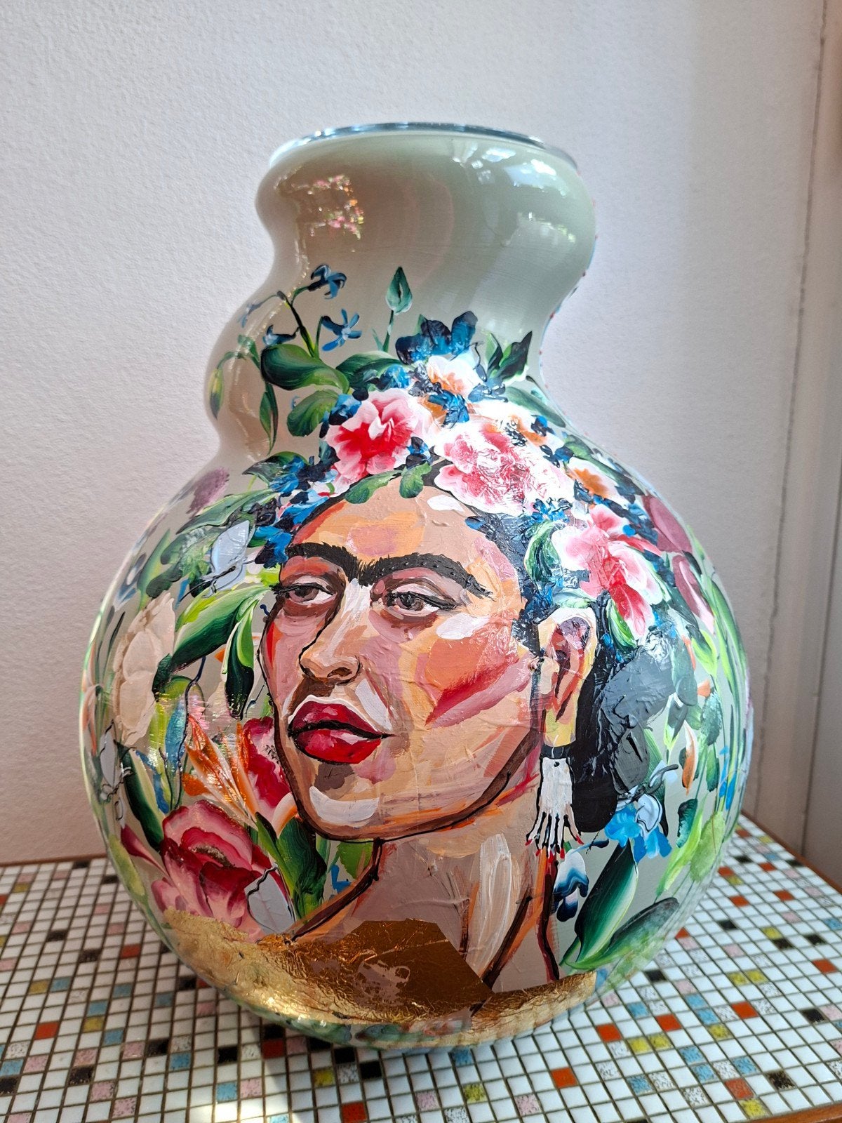 Frida Kahlo VAAS Kunst van Sharon  Sharon de Jager, Ophalen, Zo goed als nieuw, Glas