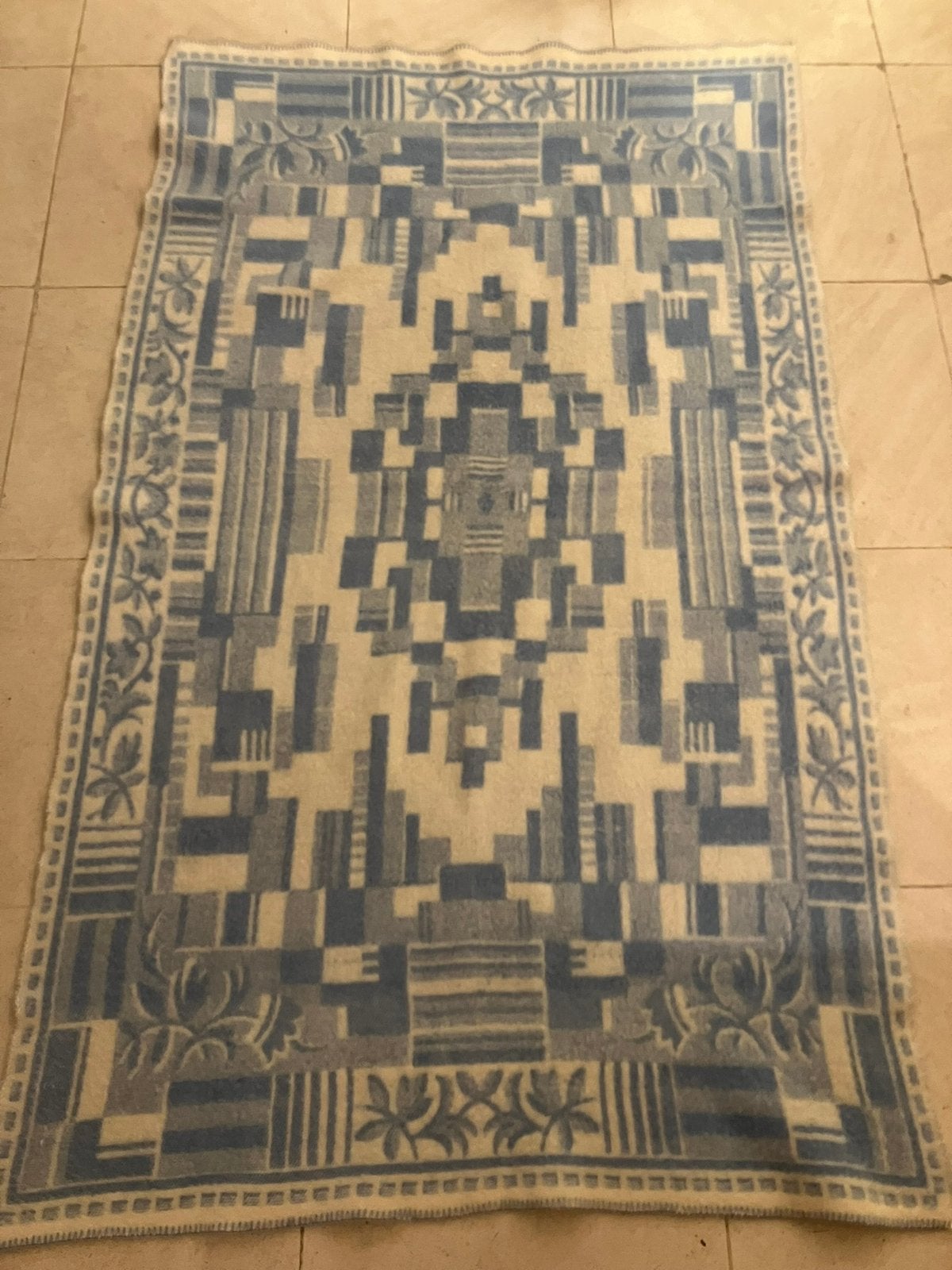 Art deco medallion patroon deken plaid wol blauw 118*191, Ophalen of Verzenden, Zo goed als nieuw, Overige typen