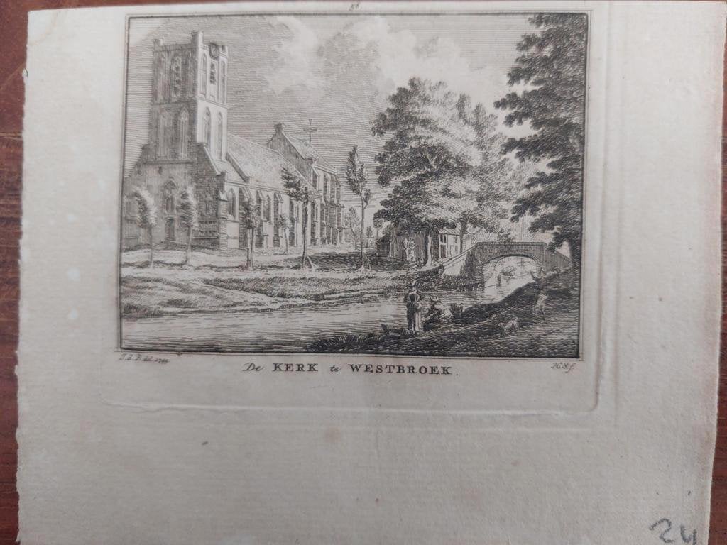 56 / De kerk van Westbroek Gravure uit 18de eeuw, Antiek en Kunst, Ophalen of Verzenden