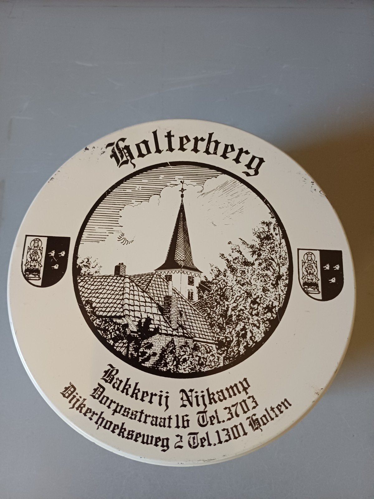 Oud koekjesblik / koektrommel van Bakkerij Nijkamp Holten., Verzamelen, Ophalen, Gebruikt, Koek(jes), Overige merken