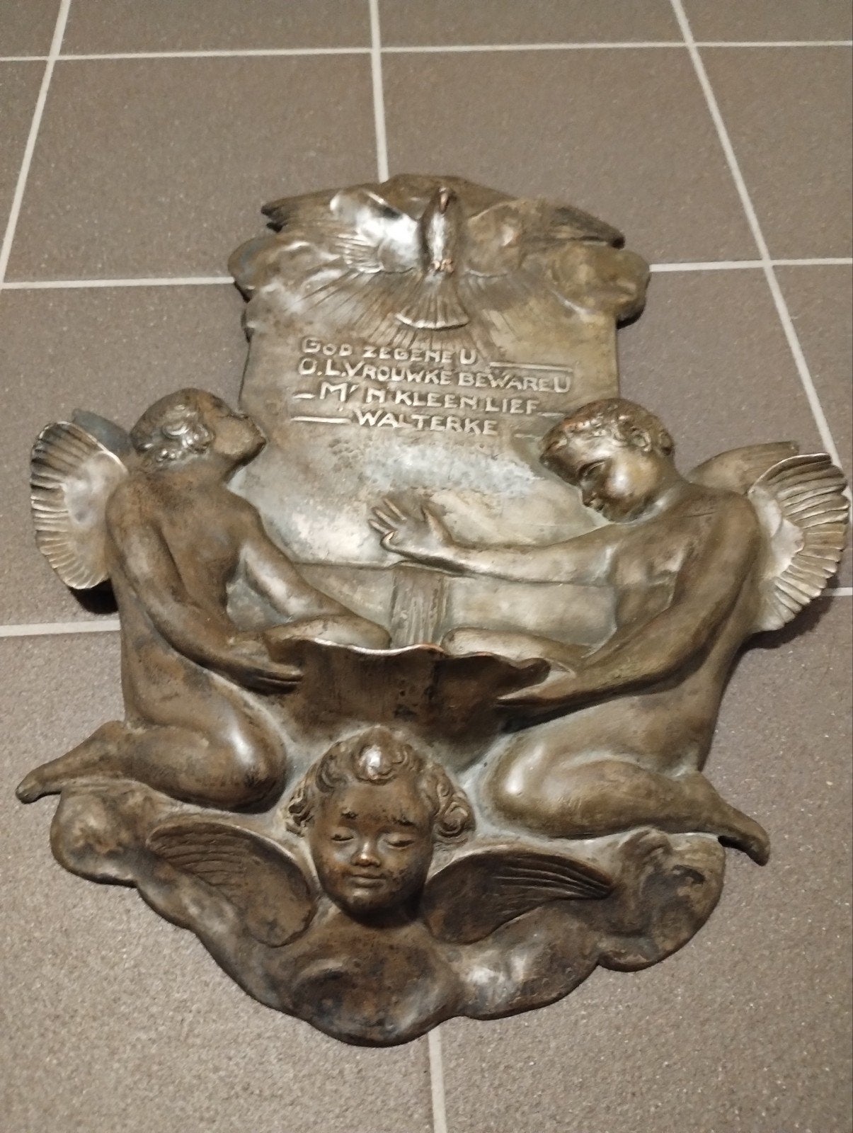Antiek brons wijwater vat Alphonse Mauquoy(1880-1954), Antiek en Kunst, Antiek | Koper en Brons, Ophalen of Verzenden