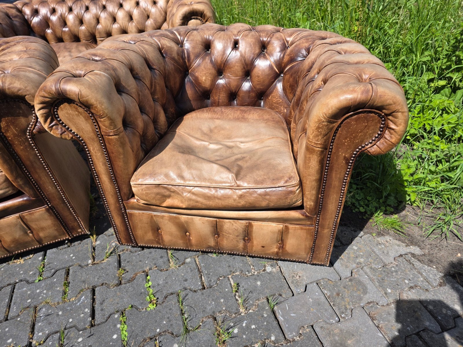 Chesterfield leren bankstel - 2 fauteuils en 1 tweezitter, Ophalen of Verzenden