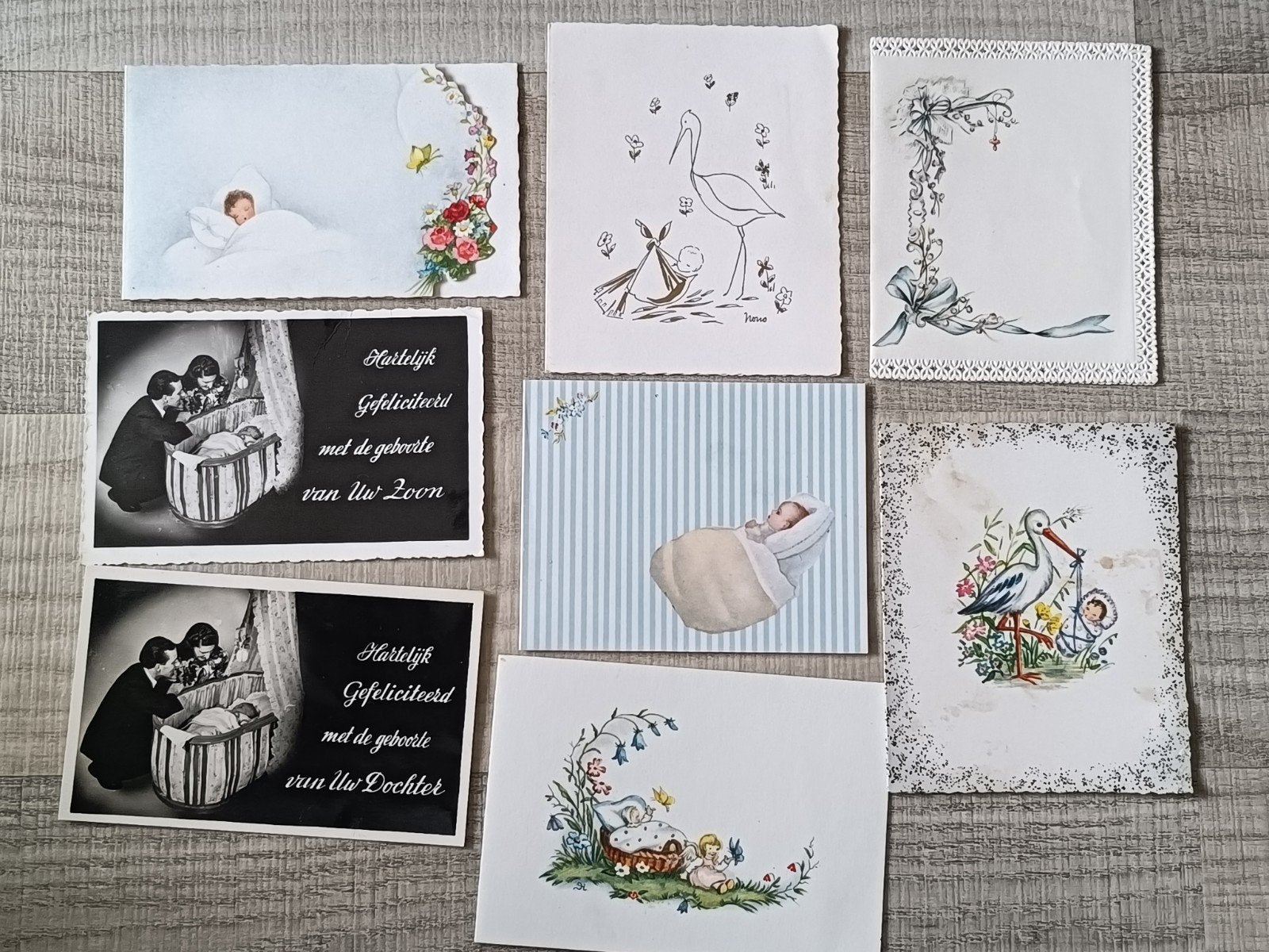 8 Oude Geboortekaartjes - Vintage Collectie, Ophalen of Verzenden, Voor 1970, Geboortekaartje