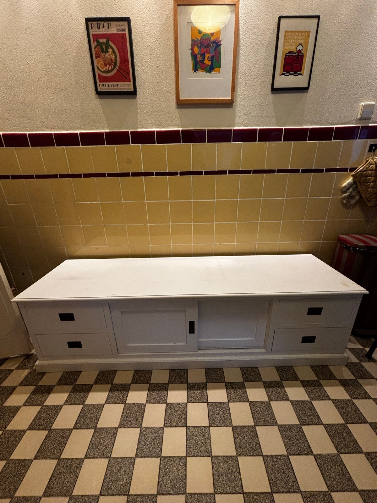 Wit dressoir/tv-meubel met schuifdeuren en lades, Ophalen, Gebruikt, 150 tot 200 cm, Minder dan 100 cm
