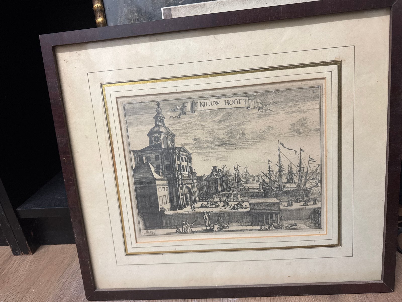 Antieke Ets 'Nieuw Hooft' van D. Vrij, ingelijst, Antiek en Kunst, Ingelijst, 1800 - 1899, Ets, Stadsgezicht