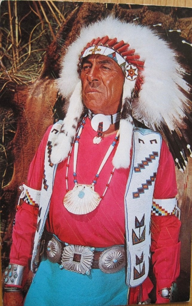 Indiaanse chief op ansichtkaart, stempel Knoxville - 1963, Verzamelen, Ophalen of Verzenden, 1960 tot 1980, Gelopen, Overige thema's