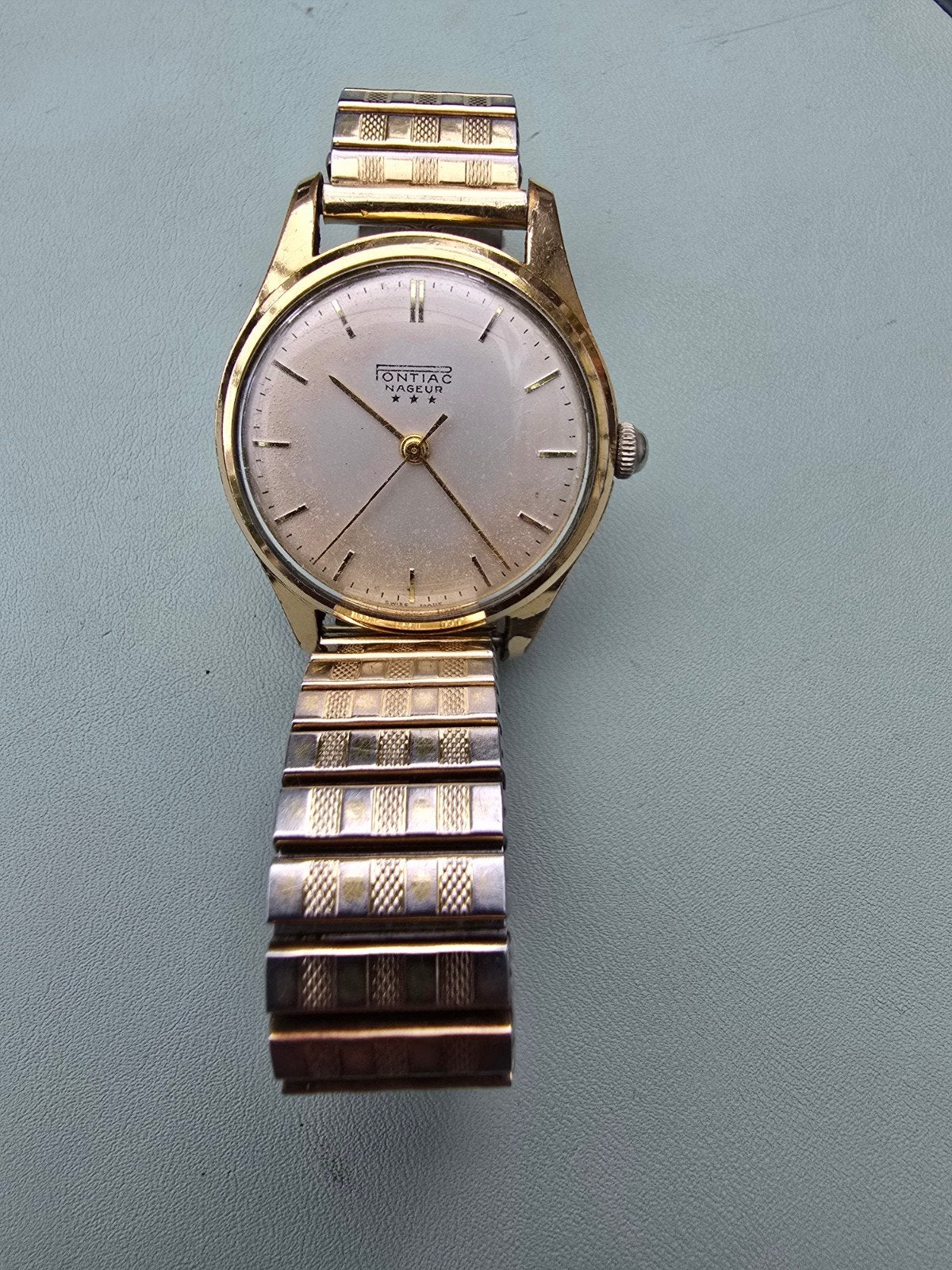 Vintage Pontiac Horloge - Goudkleurig met Fixoflex Band, Ophalen of Verzenden, Gebruikt, Overige materialen, Overige merken