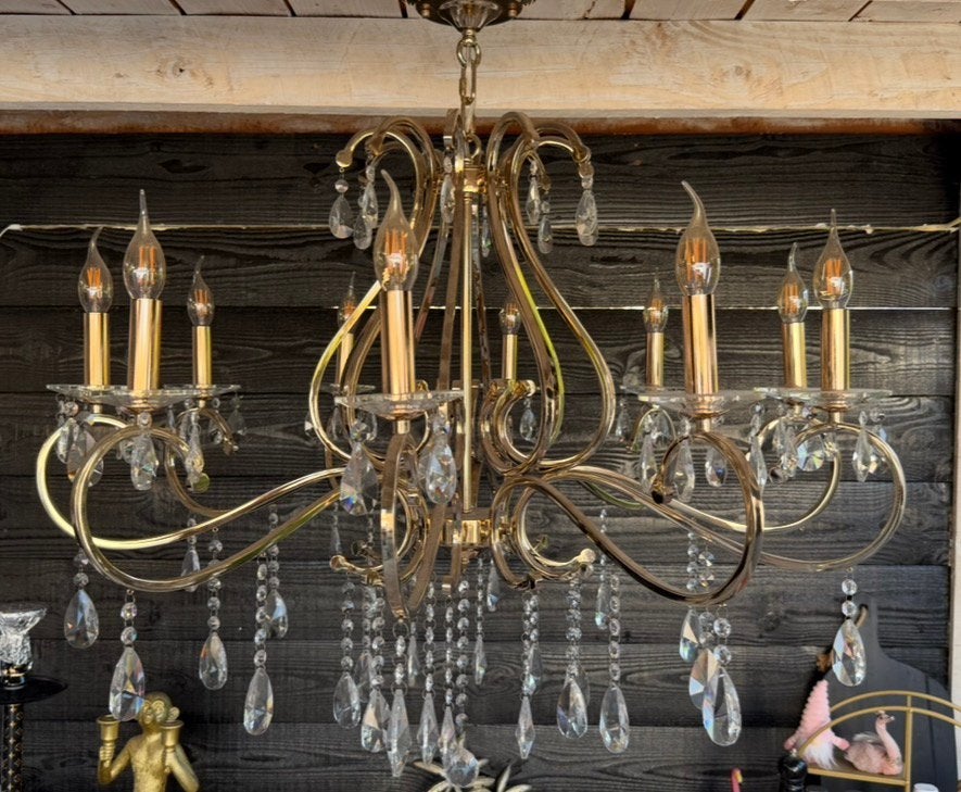 Grote Gouden Kroonluchter met 10 Lampen en Kristallen, Ophalen of Verzenden, Zo goed als nieuw, Metaal, E14 (klein)