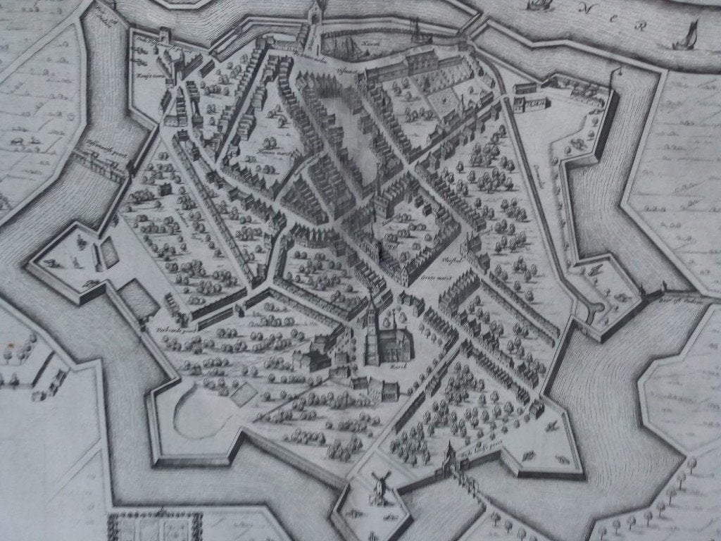 Tholen. 'Tolen' Blaeu kaart plattegrond. Ca. 1649, Antiek en Kunst, Cartografie, 50 cm, Gravure, Met tekst