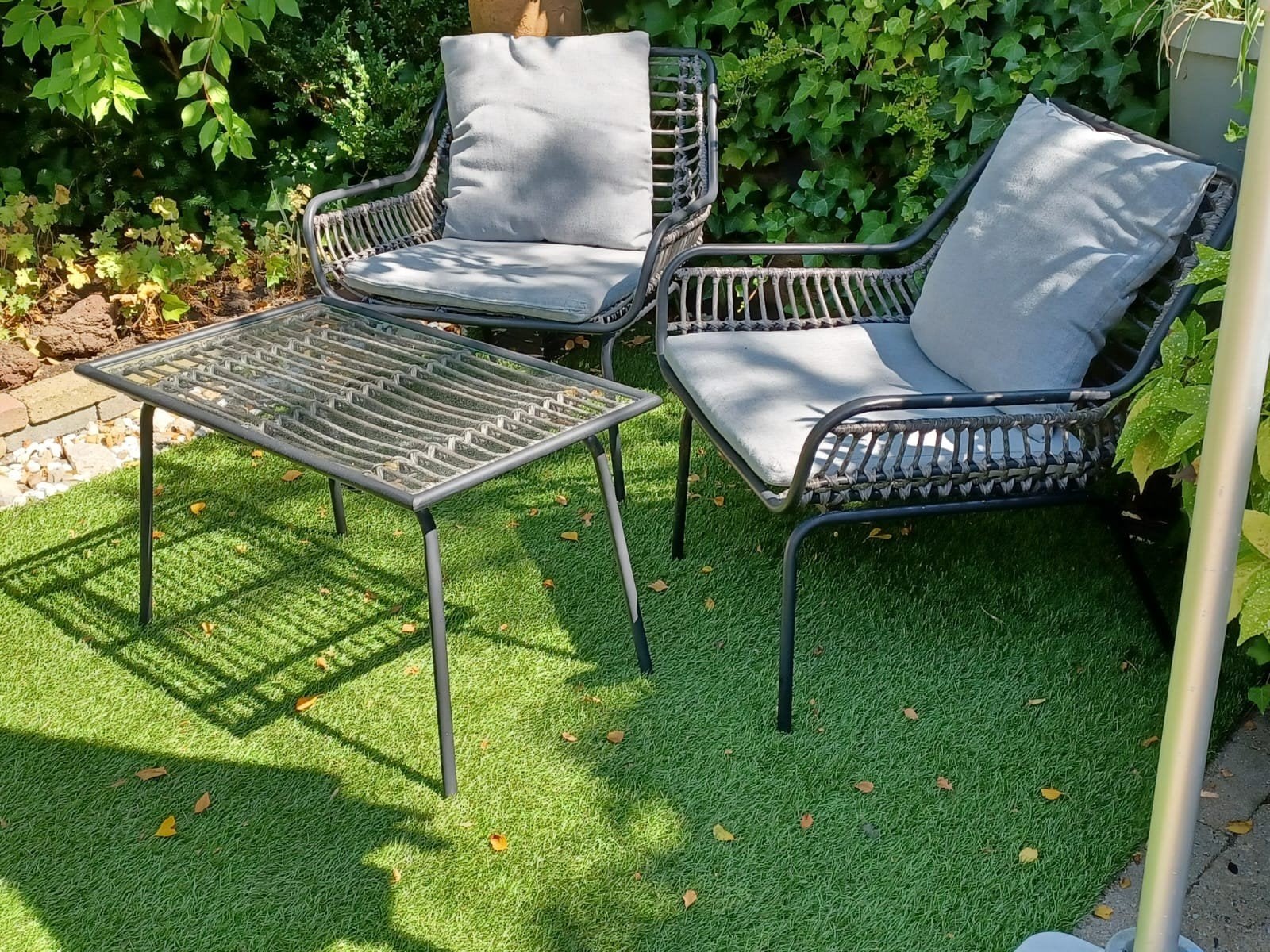 Loungeset met 2 stoelen en bijzettafel /kussens, Gebruikt, Bijzettafel, Loungeset, Wicker