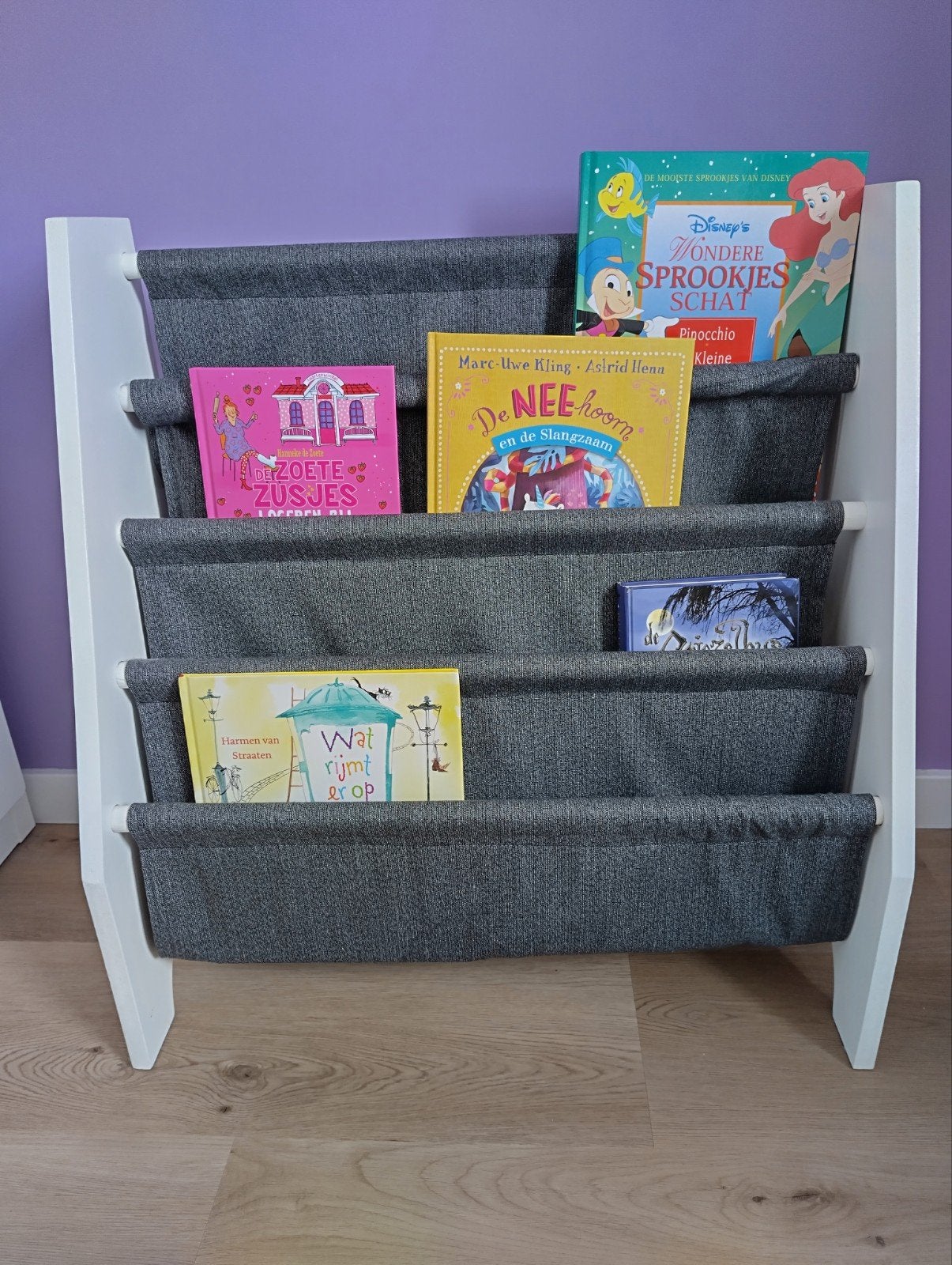 Kinderboekenrek met stoffen vakken - Grijs/Wit, Boeken, Ophalen