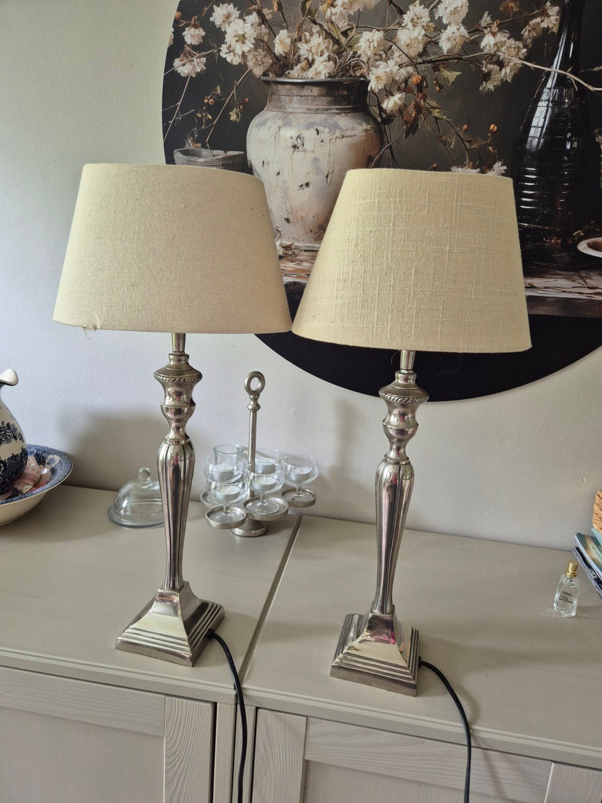 Set van 2 klassieke tafellampen met stoffen kap, Huis en Inrichting, Lampen | Tafellampen, Gebruikt, 50 tot 75 cm, Klassiek, Ophalen of Verzenden