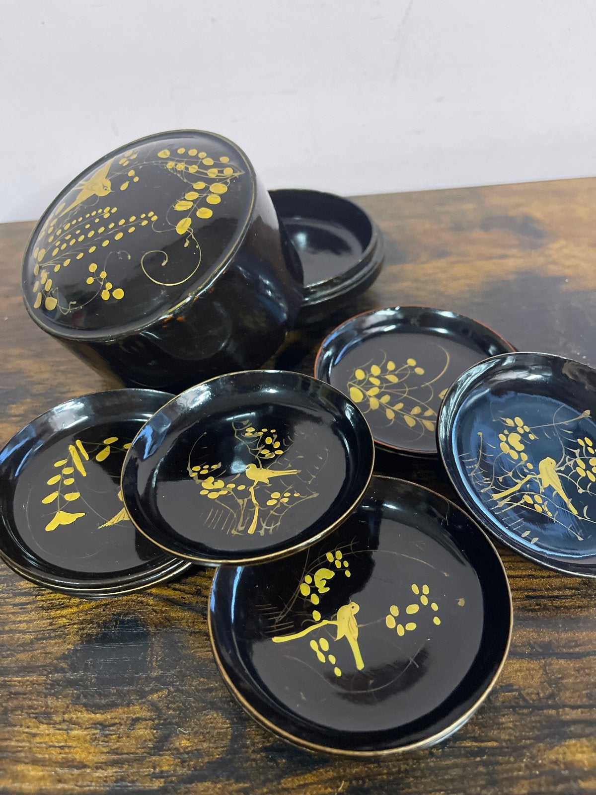 Vintage Japanse lakwerk onderzetters met doosje, Antiek en Kunst, Ophalen of Verzenden