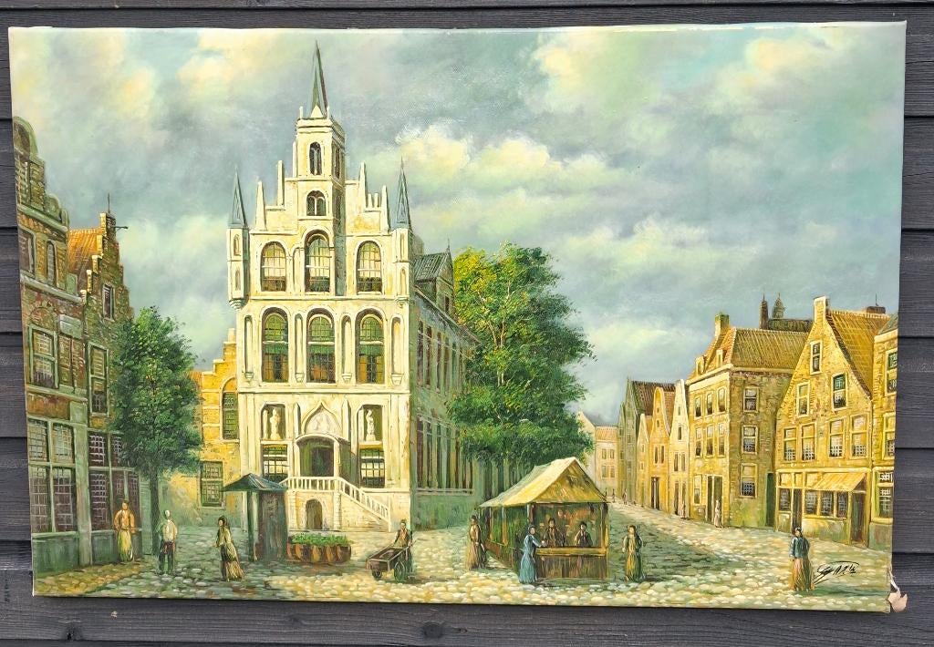 ouderwets stadsgezicht Gouda, Antiek en Kunst, Ophalen of Verzenden