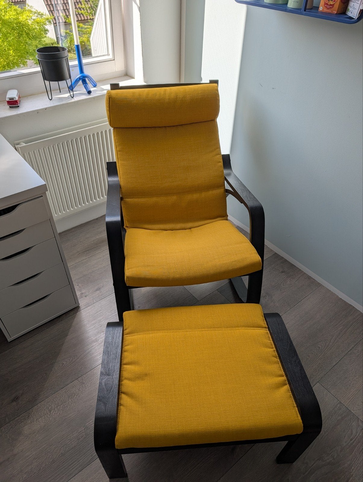 IKEA Poäng Wipstoel met voetenbank - Geel, Hout, Gebruikt, 75 tot 100 cm, Ophalen of Verzenden