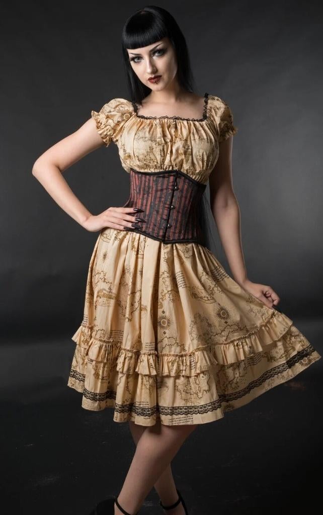 Gothabilly jurk, cosplay jurk met landkaart print, Dracula Clothing, Beige, Ophalen of Verzenden, Zo goed als nieuw