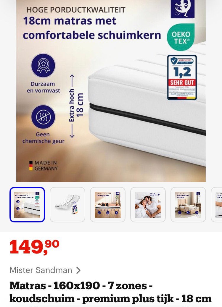 Koudschuim NIEUW matras 160x190x18 Mister Sandman, Huis en Inrichting, Slaapkamer | Matrassen en Bedbodems, Ophalen, 190 cm of minder