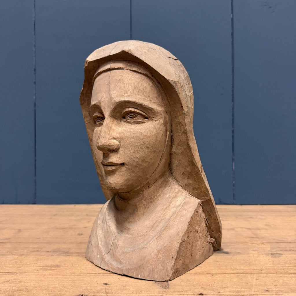 Uit hout gesneden hoofd of buste van een non houtsnijwerk, Antiek en Kunst, Buste, Ophalen of Verzenden, Handgemaakt, 20 - 50 cm