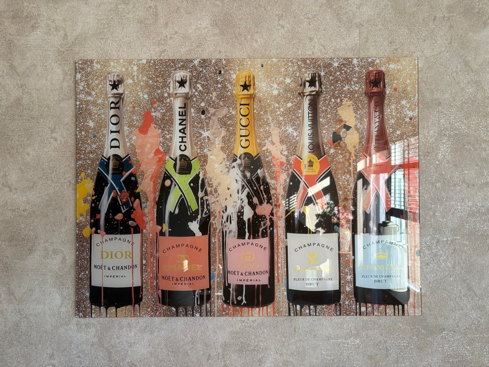 Luxe Champagne flessen schilderij ter Halle, Antiek en Kunst, Ophalen, Giclée, Overig onderwerp, Glas