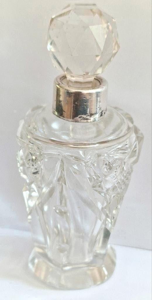 Antiek kristallen parfumflesje met zilveren hals., Antiek en Kunst, Antiek | Goud en Zilver, Ophalen of Verzenden
