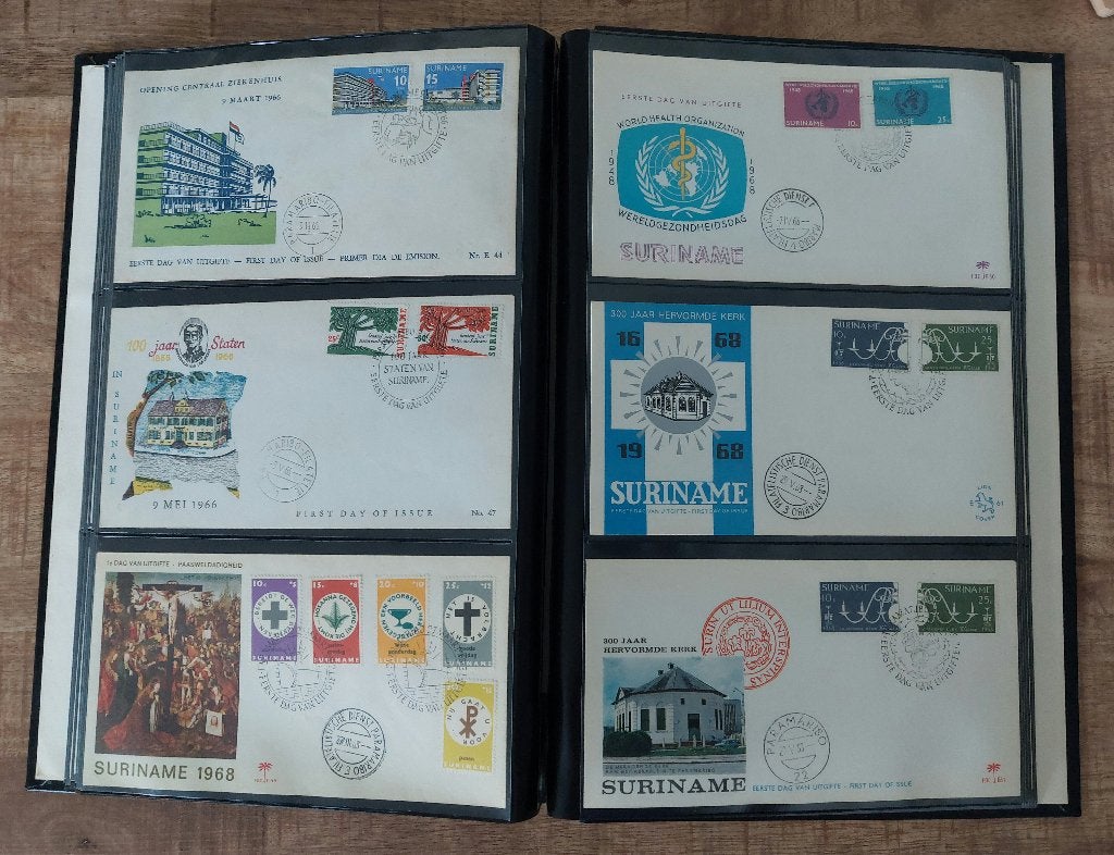 Suriname 1e dag enveloppen E44-E47-E59-E60-E61-E61a., Ophalen of Verzenden, Onbeschreven, Rest van de wereld