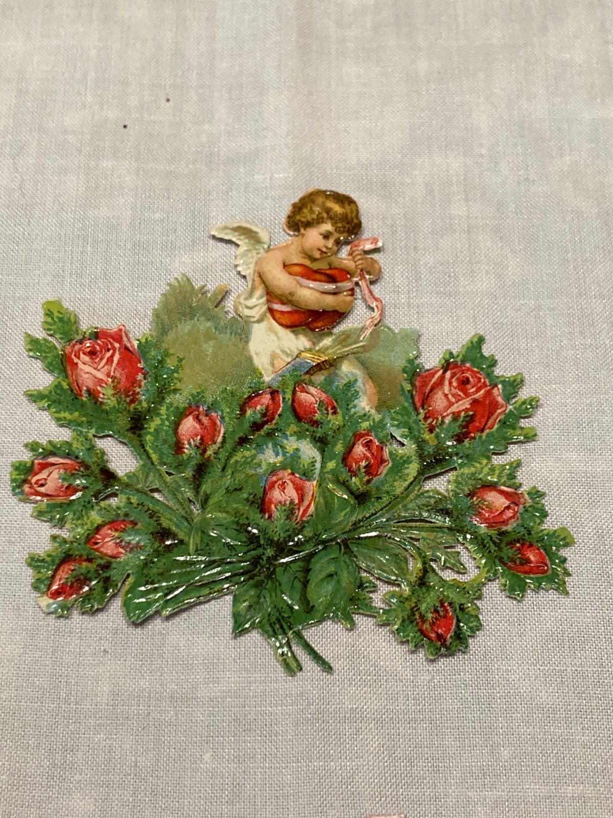Antiek poëzie plaatje, rozen met engeltje (221026), Ophalen of Verzenden