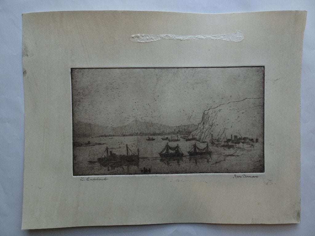 Ets krijtrotsen, schepen kust Z-Engeland, Poppe Damave, Antiek en Kunst, Kunst | Etsen en Gravures, Ophalen of Verzenden, Landschap