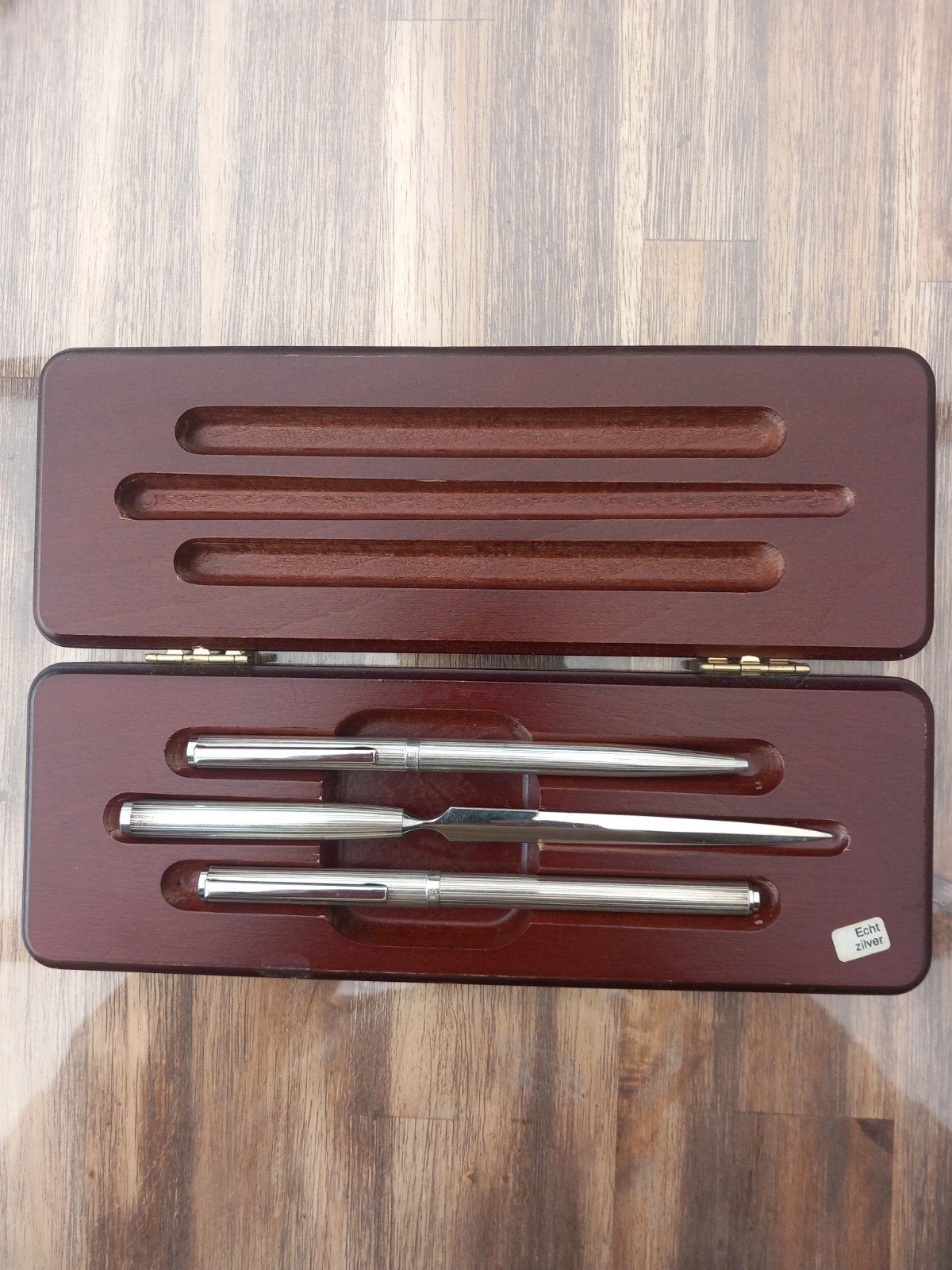 Luxe pennenset 925 zilver met briefopener in houten kistje., Antiek en Kunst, Ophalen of Verzenden, Zilver