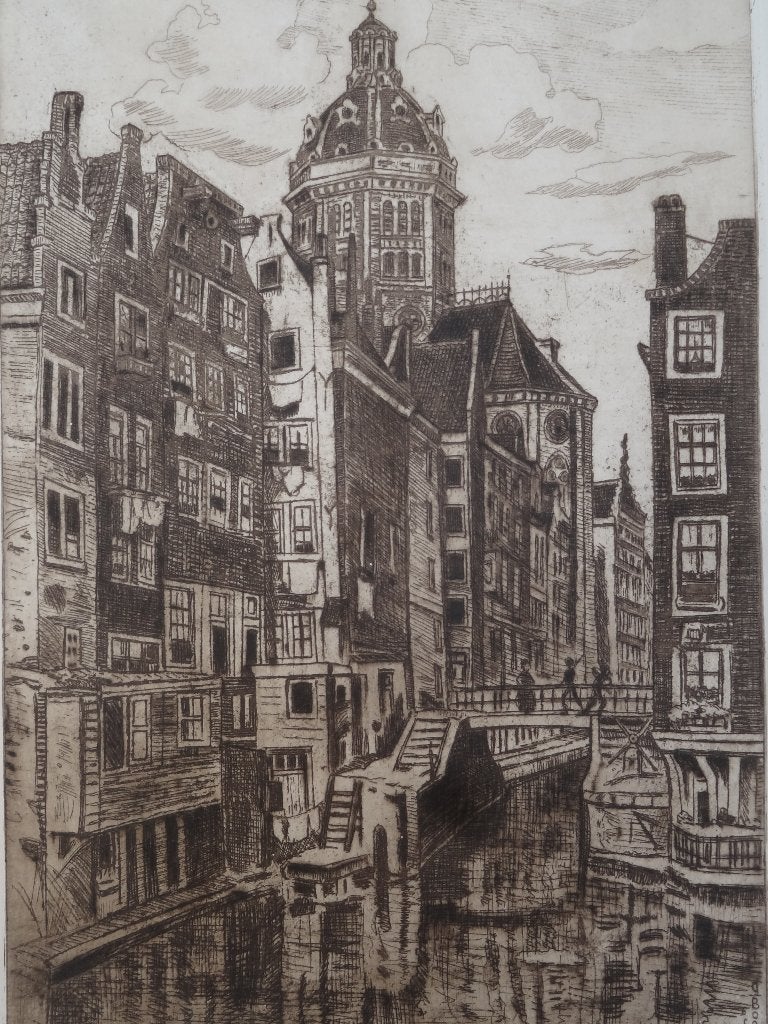 ets Nicolaaskerk vanuit Oudezijds Kolk Amsterdam A. Boon, Antiek en Kunst, Stadsgezicht, Gesigneerd, 1900 - 1949, Verzenden