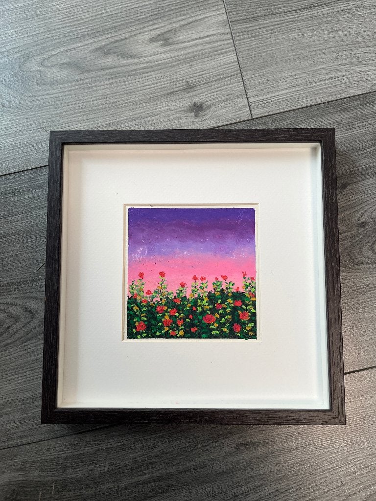 Handgeschilderd schilderij rozenlandschap avondrood 25x25cm, Antiek en Kunst, Kunst | Schilderijen | Klassiek, Ophalen of Verzenden