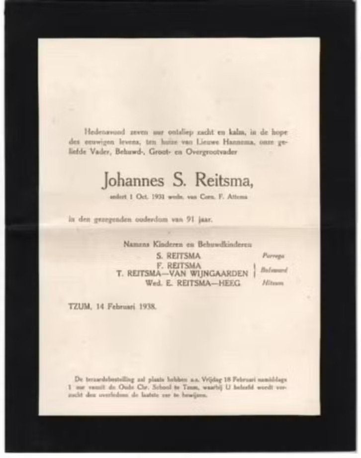 Rouwbrief Tzum Reitsma Attema Parrega Bolsward 1938., Ophalen of Verzenden, Rouwkaart