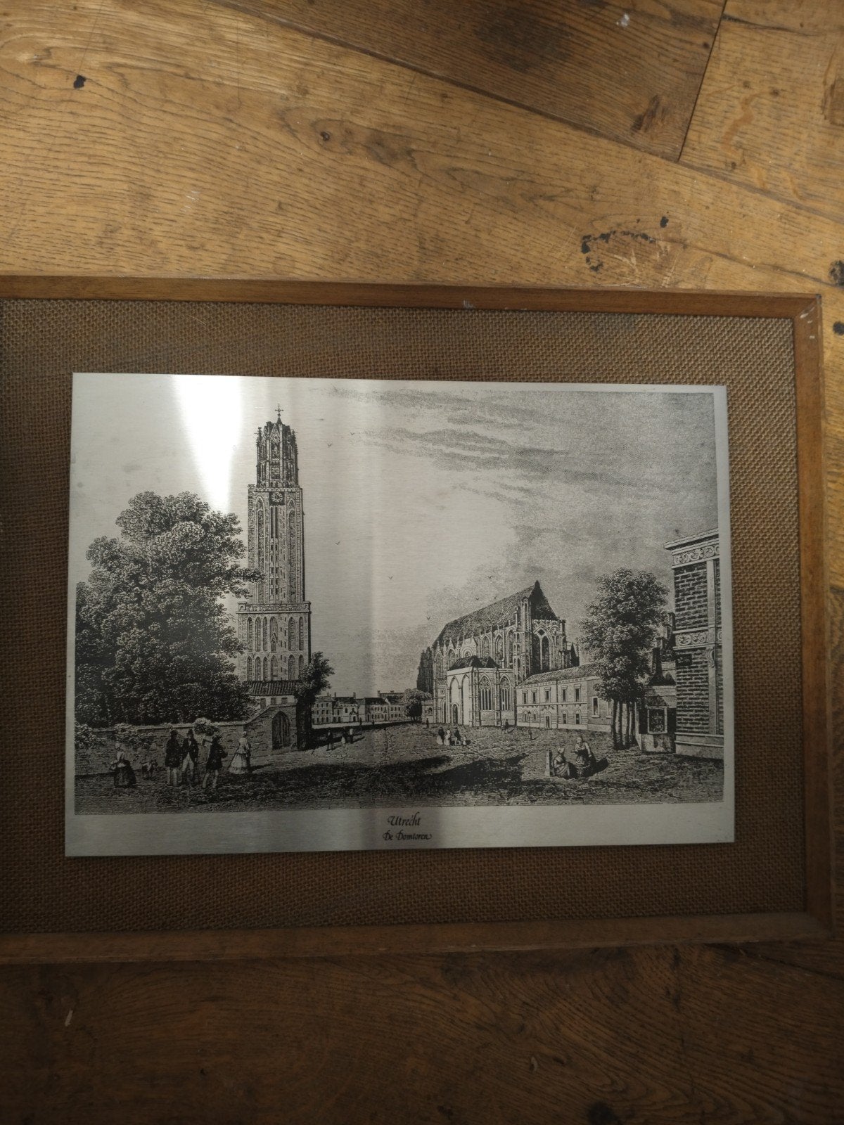 Antieke gravure Domtoren Utrecht, Ingelijst, 1800 - 1899, Ets, Stadsgezicht
