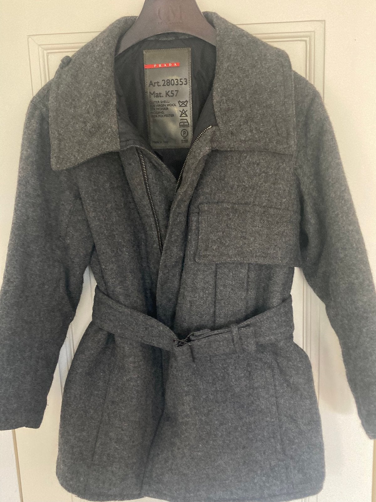 Prada wollen jas met ceintuur maat M, Ophalen of Verzenden, Gedragen, Maat 38/40 (M), Grijs