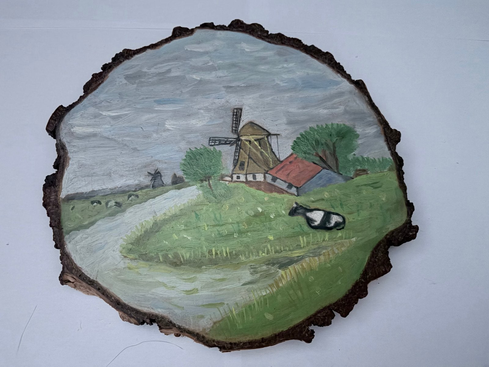 Schilderij op boomschijf: Hollands landschap met molens, Gedateerd, Overige ondergronden, Ophalen of Verzenden, Landschap