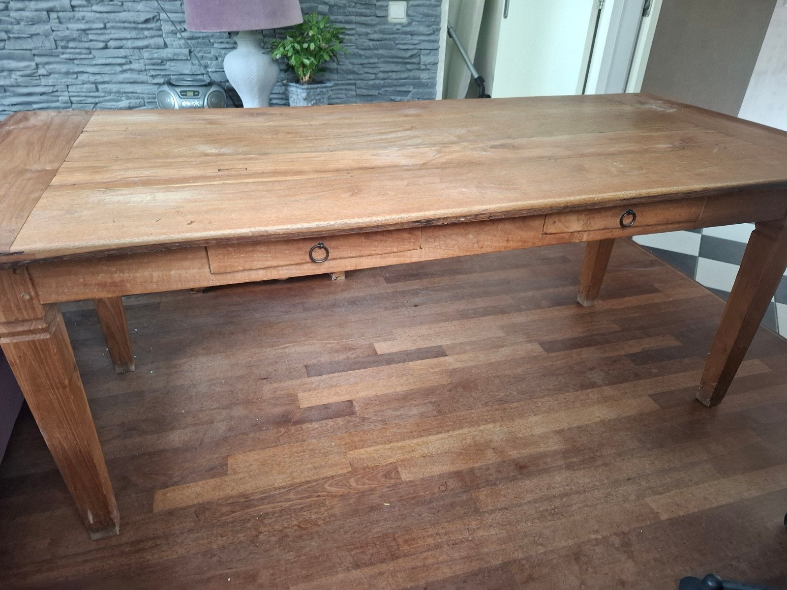 Robuuste houten eettafel met lades 2.00 bij 90 x 80 hoog, Huis en Inrichting, Tafels | Eettafels, Ophalen, Gebruikt, 200 cm of meer
