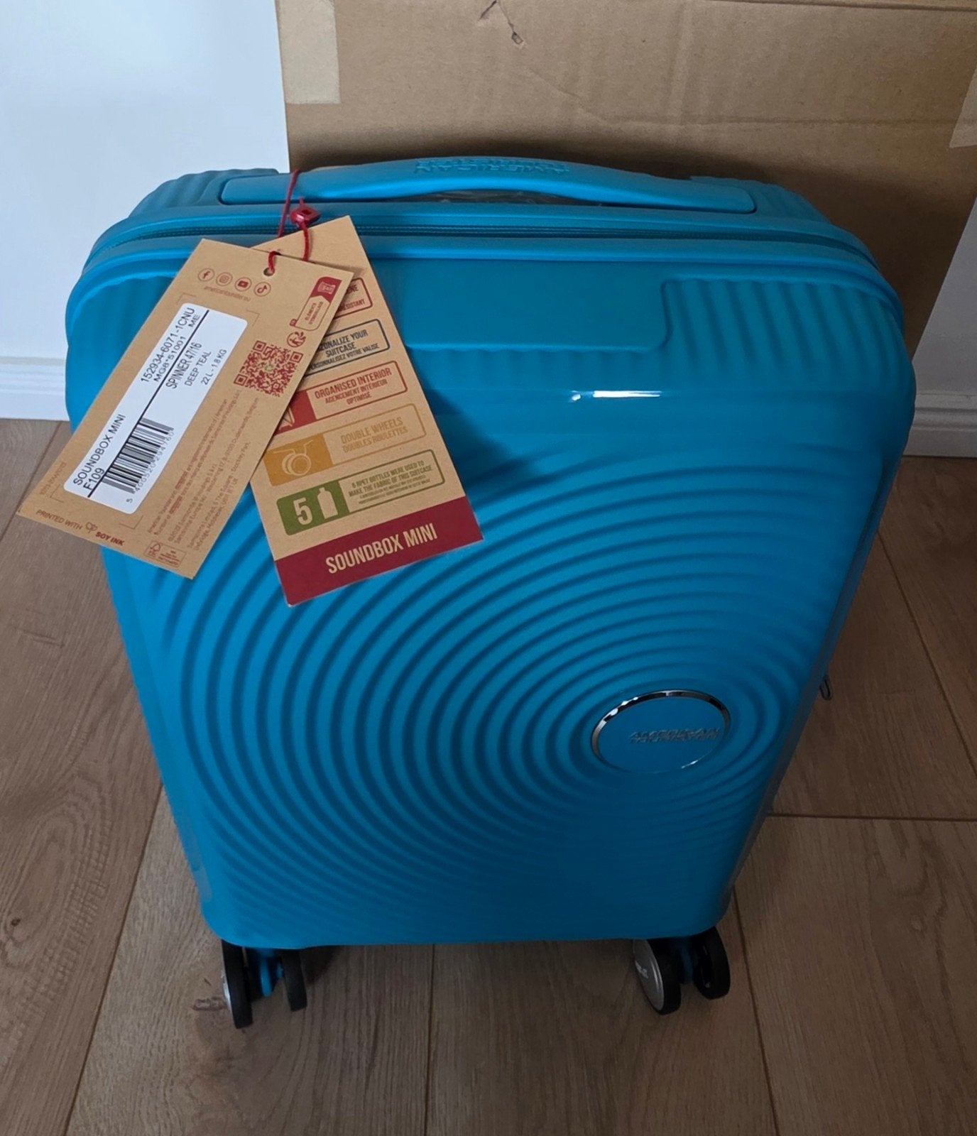 American Tourister Soundbox Mini Spinner 47 Deep Teal, Uitschuifbare handgreep, Hard kunststof, Nieuw, Minder dan 50 cm
