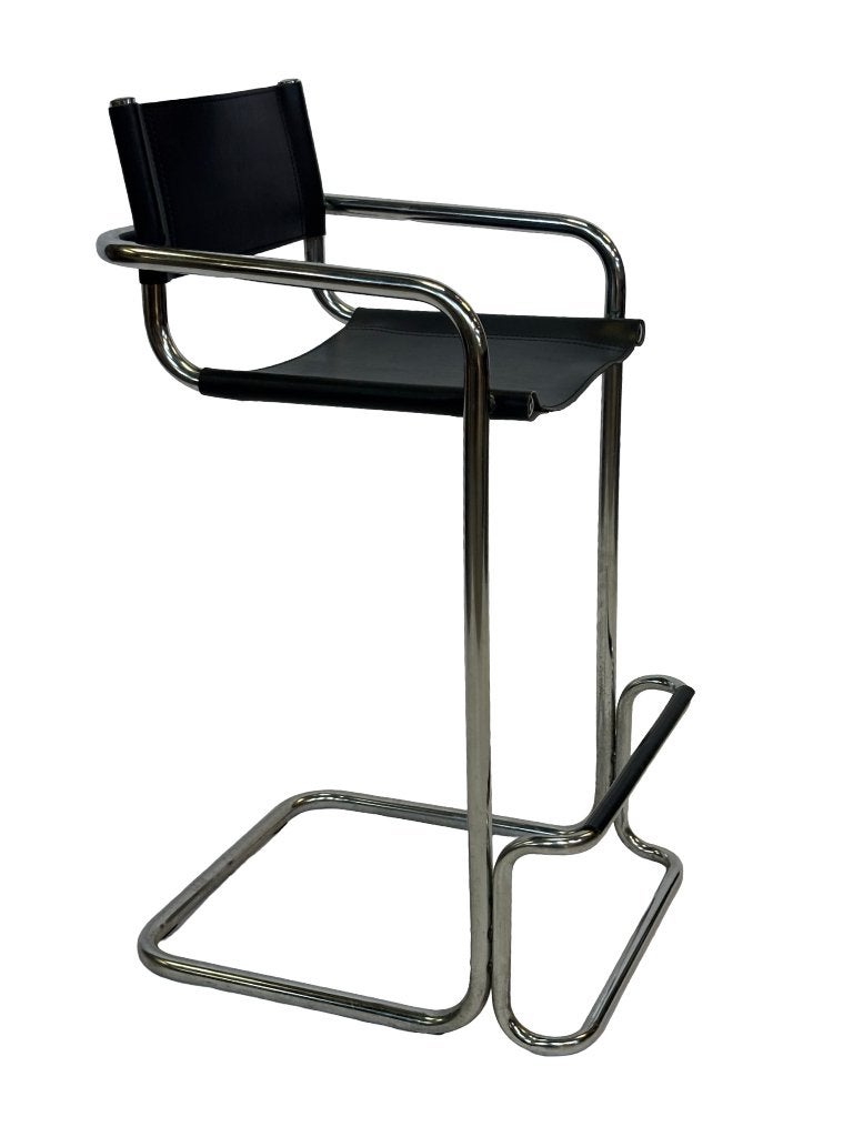 Vintage zwarte leren en chromen Italiaanse moderne barkruk, Gebruikt, Vintage barkruk, Vintage barkruk, Kunststof