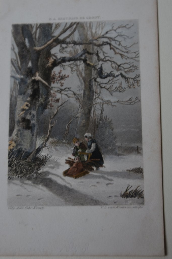 WINTER BOS C.L. VAN KESTEREN Mooie gekleurde gravure E14, 8 cm, 1800 - 1899, Handgekleurd, Ophalen of Verzenden