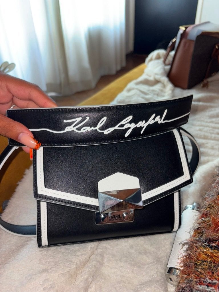 zwarte KARL LAGERFELD handtas met witte accenten van leer, Overige merken, Zwart, Nieuw, Ophalen of Verzenden
