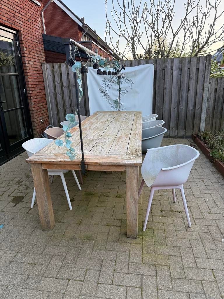 Robuuste houten tuintafel 3x1m met stoelen, Ophalen, Gebruikt, Rechthoekig, Hout
