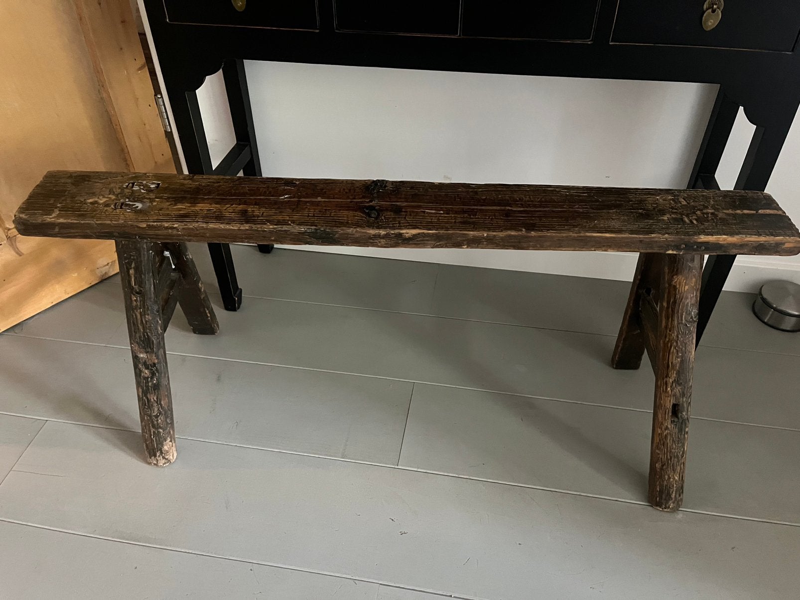 Brocante oud sleets houten bankje 100x12x45 cm, Ophalen