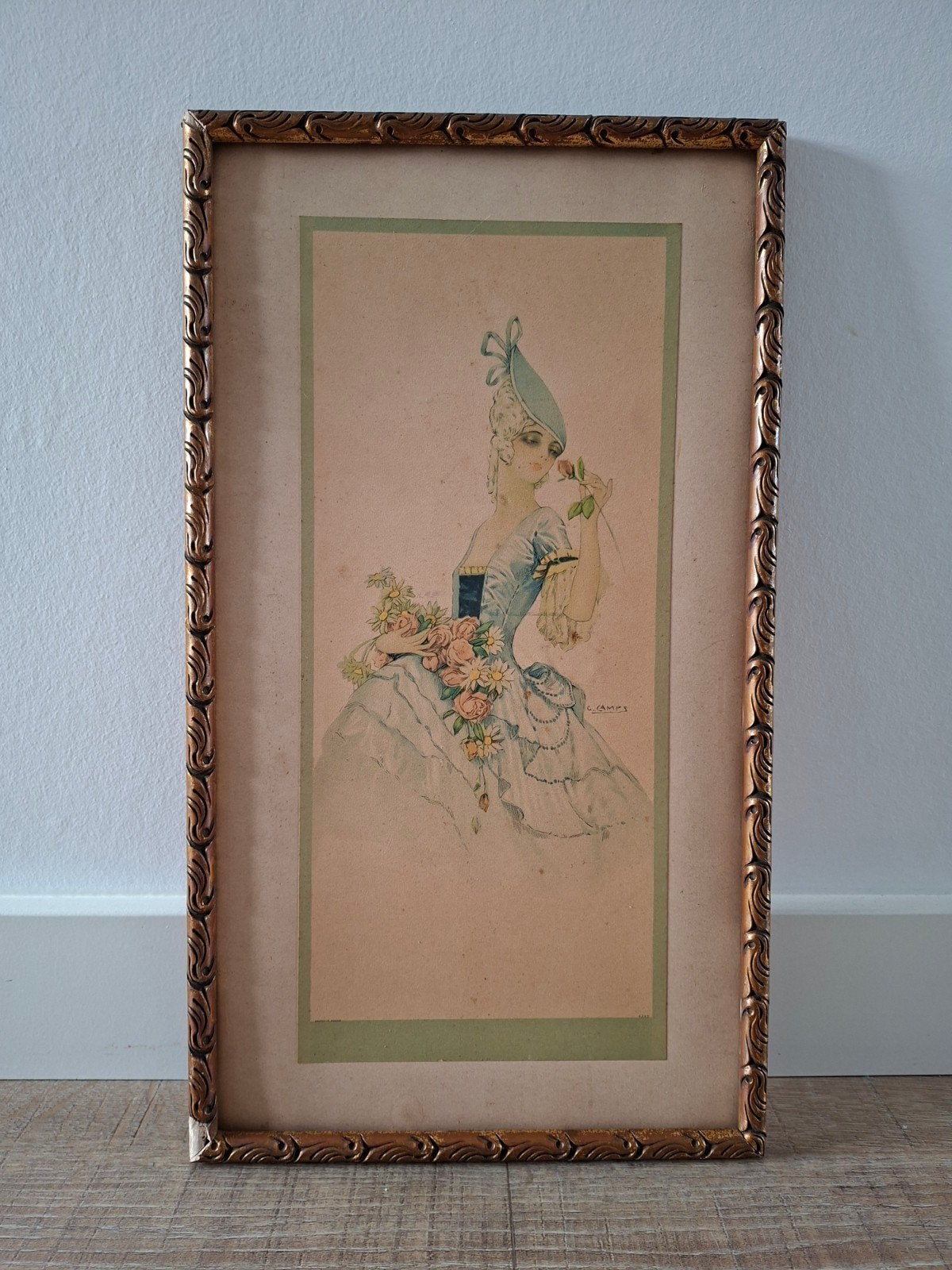Vintage ets of lithografie in lijst van kunstenaar Camps €20, Antiek en Kunst, Kunst | Litho's en Zeefdrukken, Ophalen of Verzenden