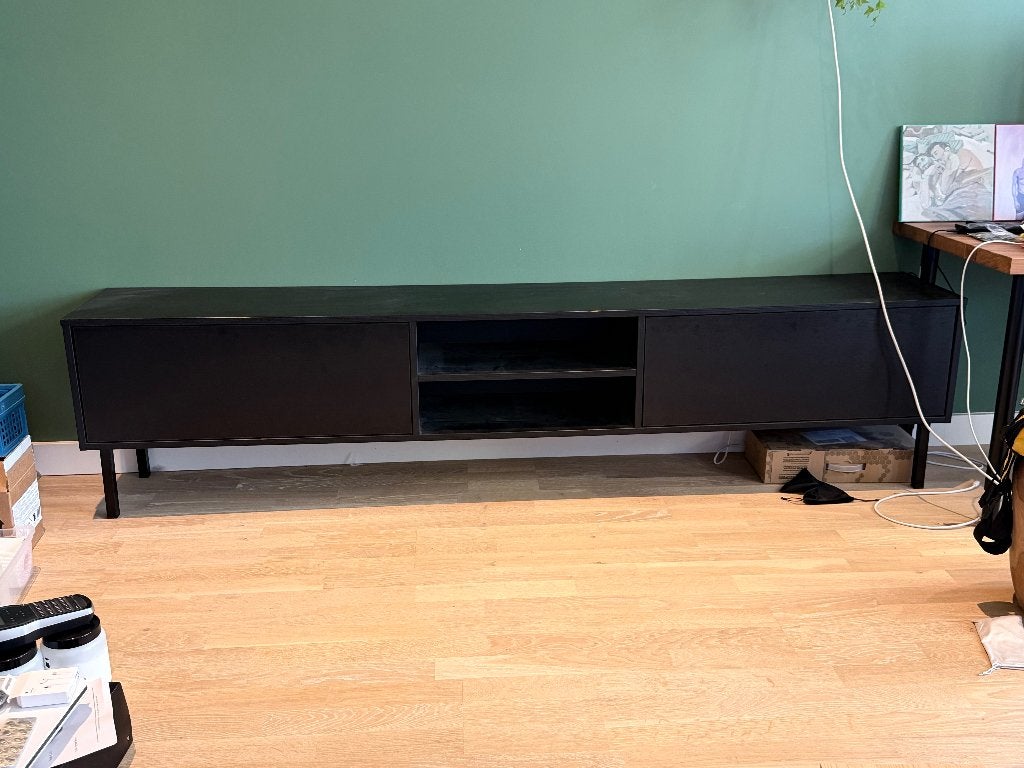 TV meubel in zwart eiken met open vak, Ophalen, Gebruikt, Zwart, 200 cm of meer